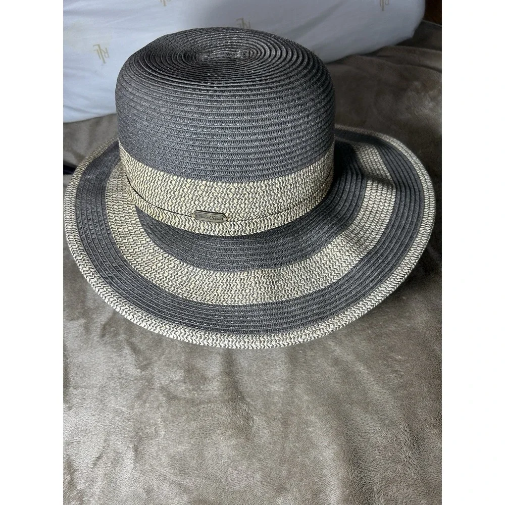 Sun N Sand Headwear Womens Boater Sun Hat‎ Black Tan Striped Wide Brim OS